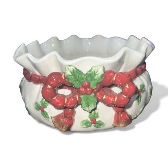 Fitz & Floyd Deck The Halls Potpourri Bowl Ceramic Santa Bag 8” X 4” - Picture 1 of 2